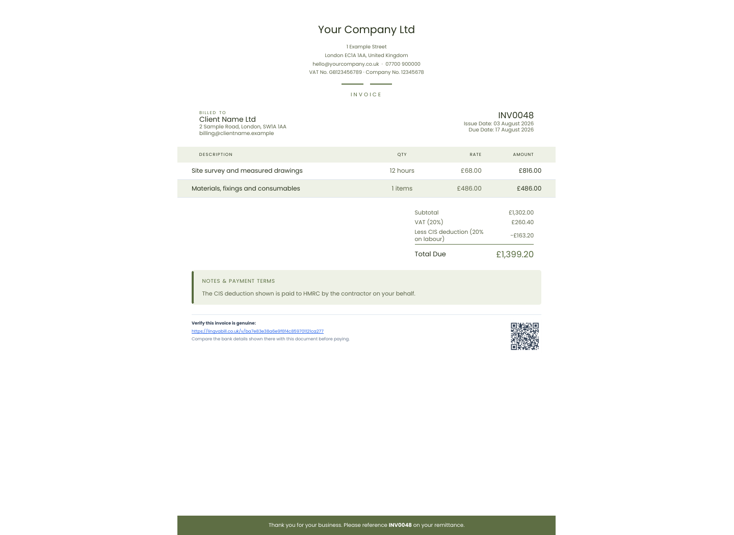 Τιμολόγιο LingvaBill με Your Company Ltd και Client Name Ltd