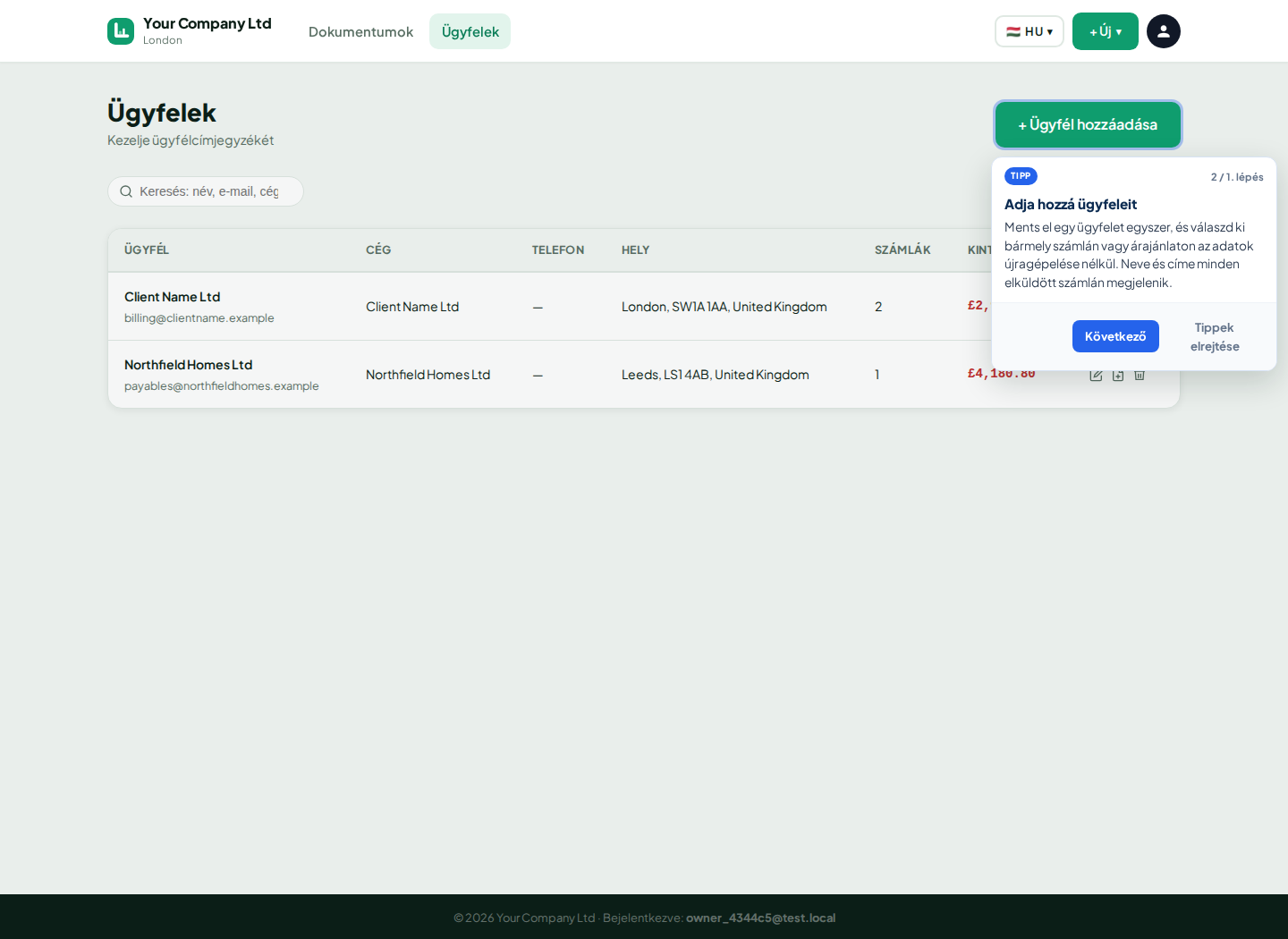 LingvaBill ügyféllista a Client Name Ltd adataival