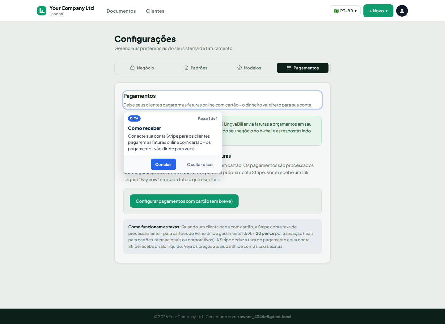 Configurações de pagamento com cartão do LingvaBill