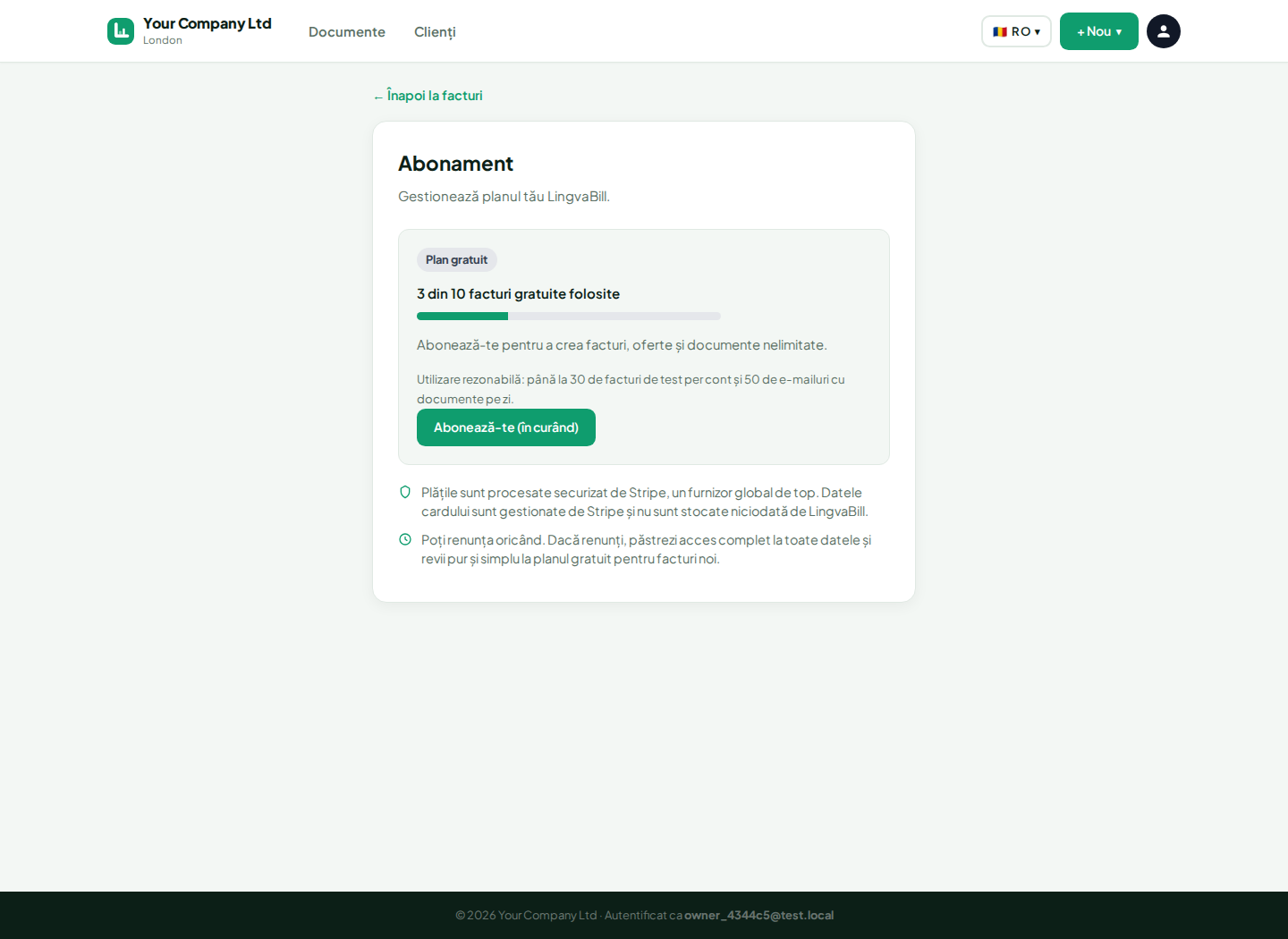 Pagina de abonament din LingvaBill