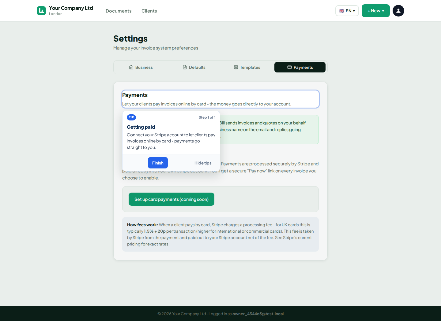LingvaBill card payment settings