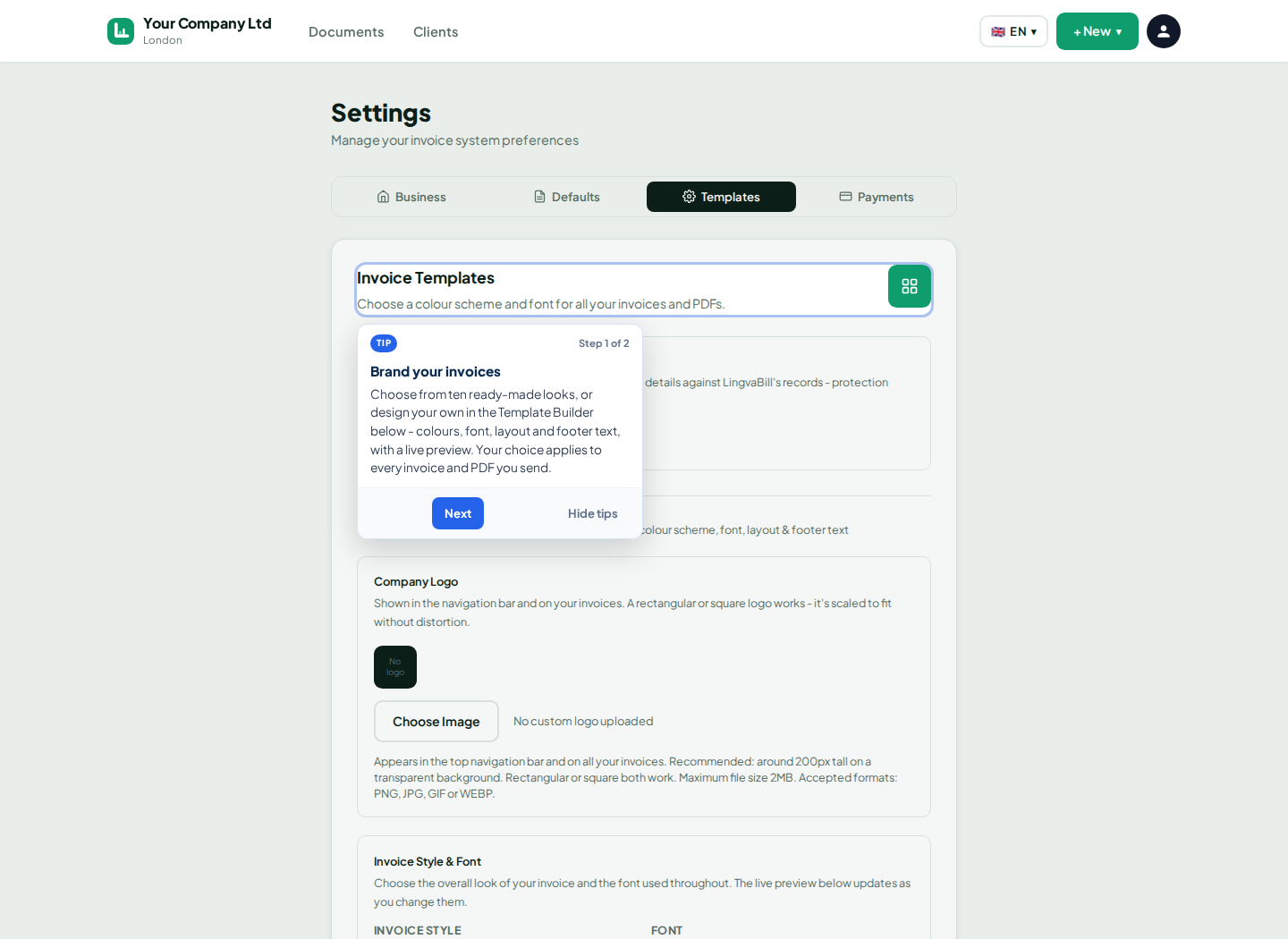 LingvaBill invoice template settings