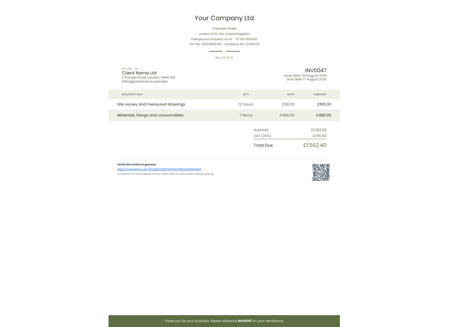 LingvaBill faktura sa Your Company Ltd i Client Name Ltd